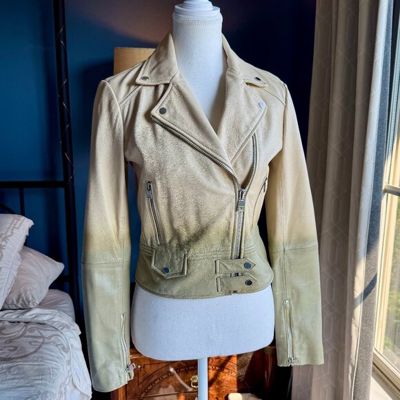 Pinko Cream and Sage Green Leather Moto Jacket - Picture 2 of 15